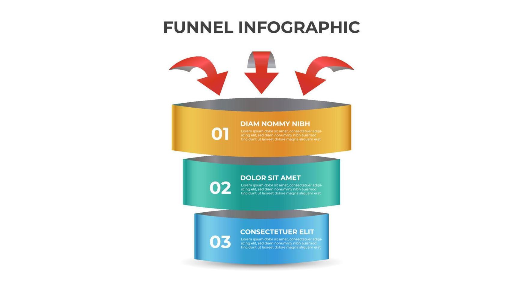 3 points de diagramme en entonnoir avec flèches, étapes et étapes vecteur d'élément de modèle infographique.