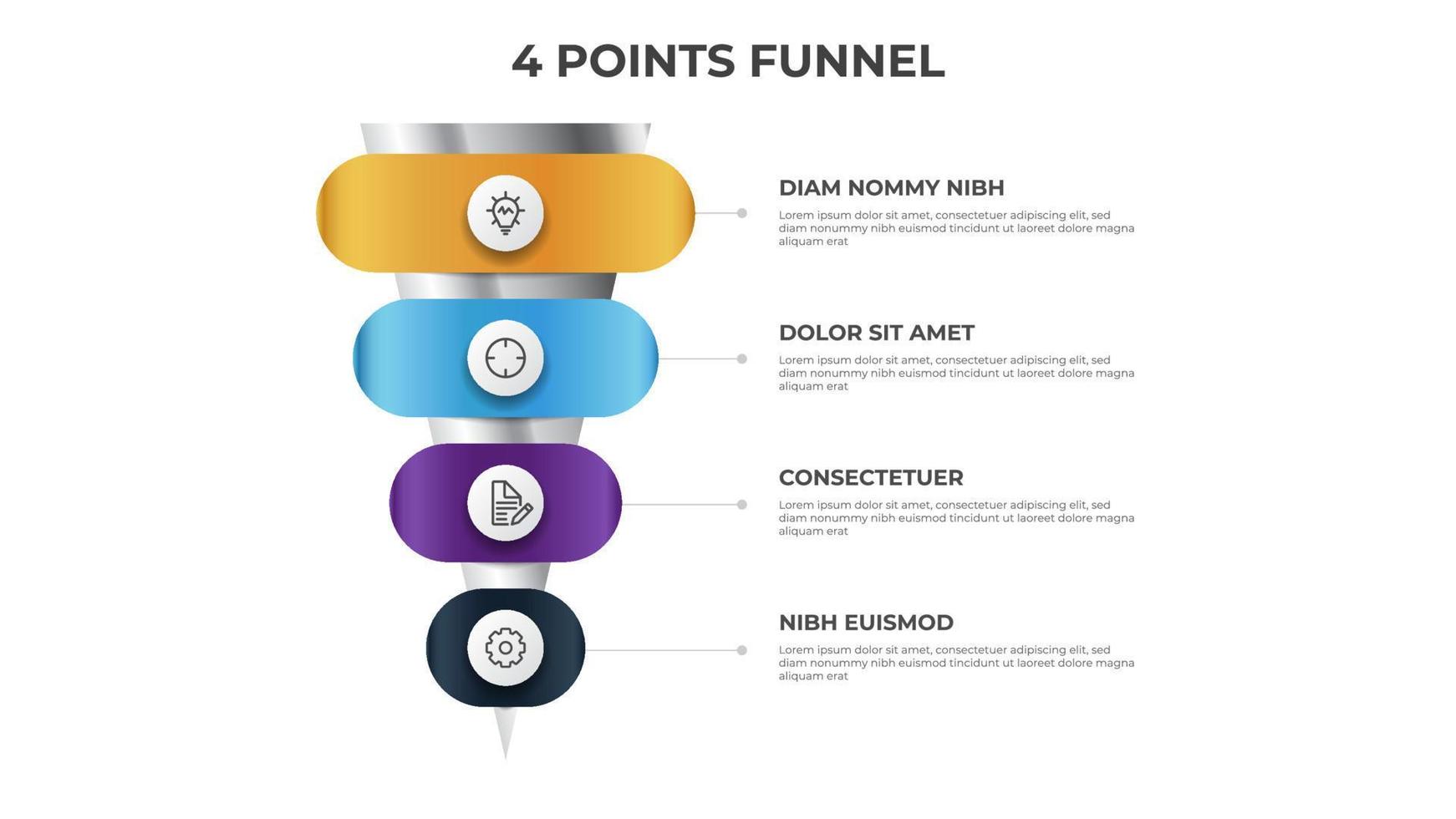 infographie en entonnoir avec 4 points, diagramme, graphique, modèle de mise en page, peut être utilisée pour le marketing numérique, les ventes, le processus vecteur