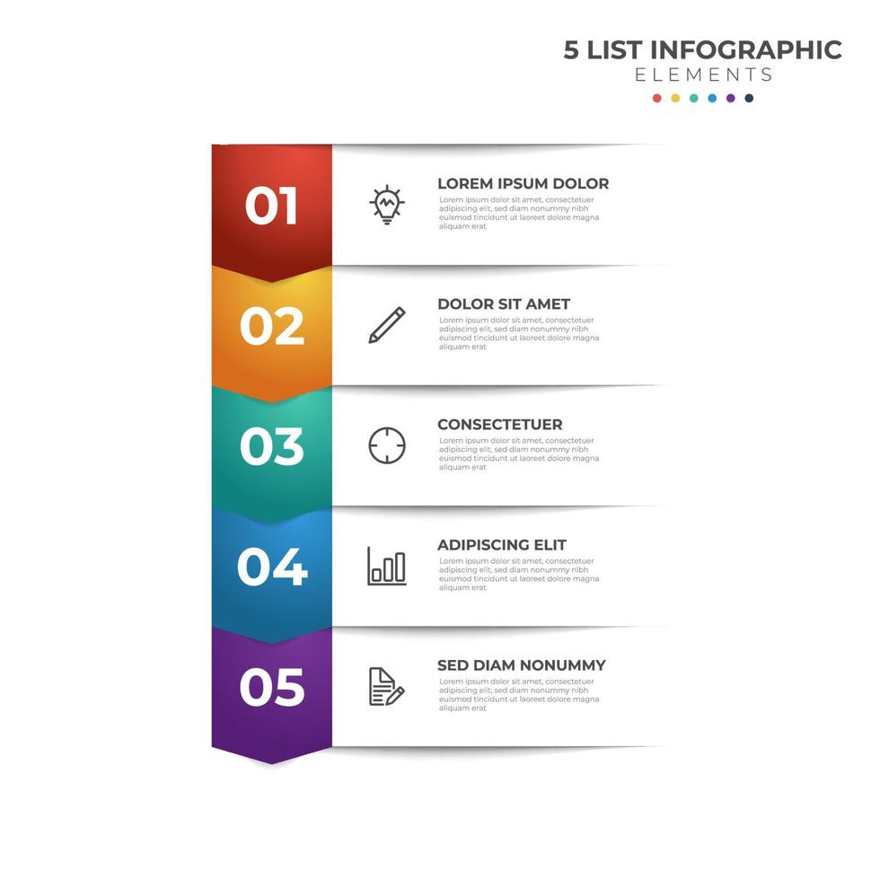 diagramme de liste avec 5 points d'étapes, vecteur de modèle d'élément infographique entreprise coloré.