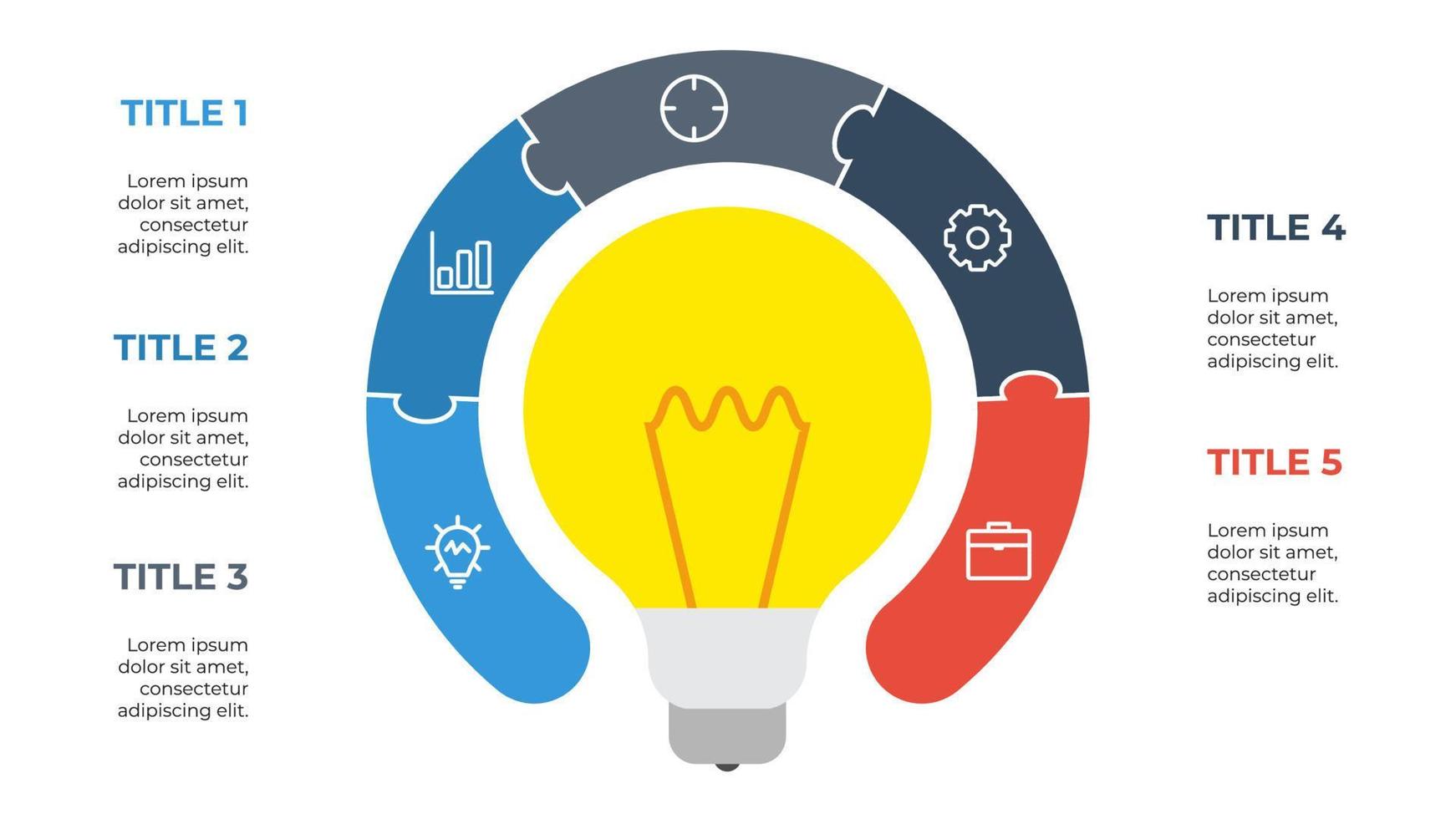 Vecteur d'élément infographique de puzzle circulaire à 5 points avec ampoule, concept créatif pour les étapes, les options, les processus, l'idée d'entreprise, etc.