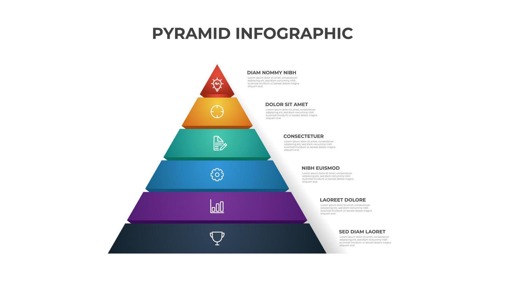 modèle d'infographie pyramidale avec 6 listes et icônes, vecteur de mise en page pour présentation, rapport, brochure, dépliant, etc.