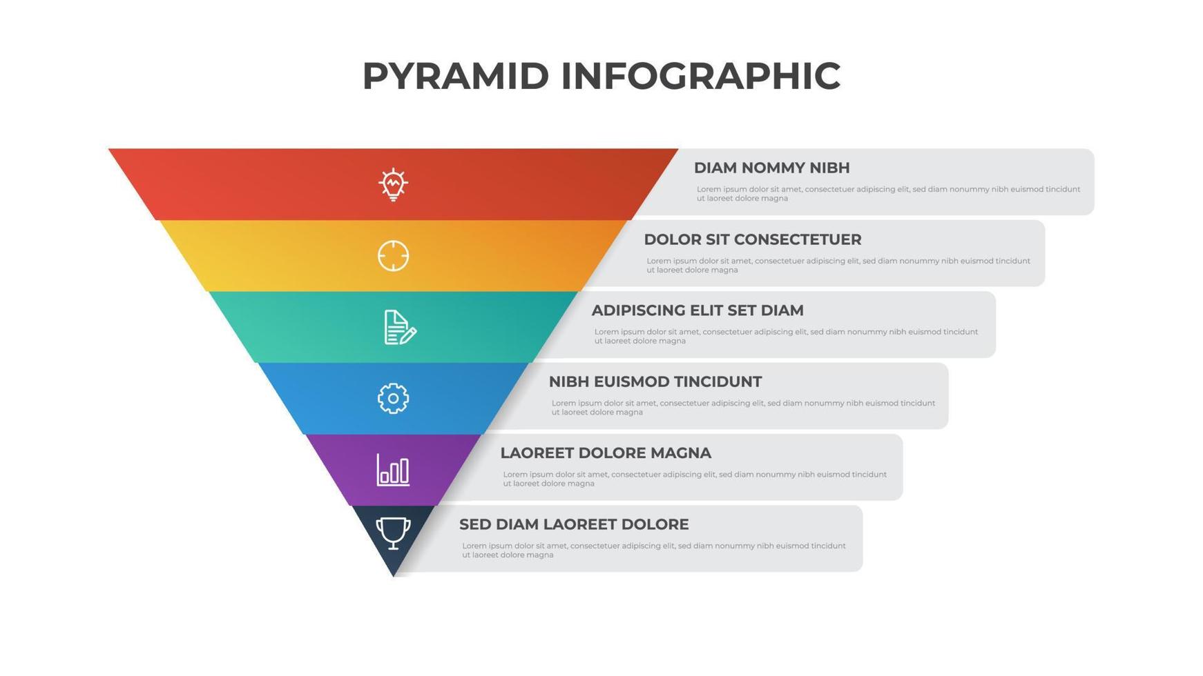 6 points de diagramme de liste pyramidale, disposition de niveau segmenté en triangle, vecteur de modèle d'élément infographique