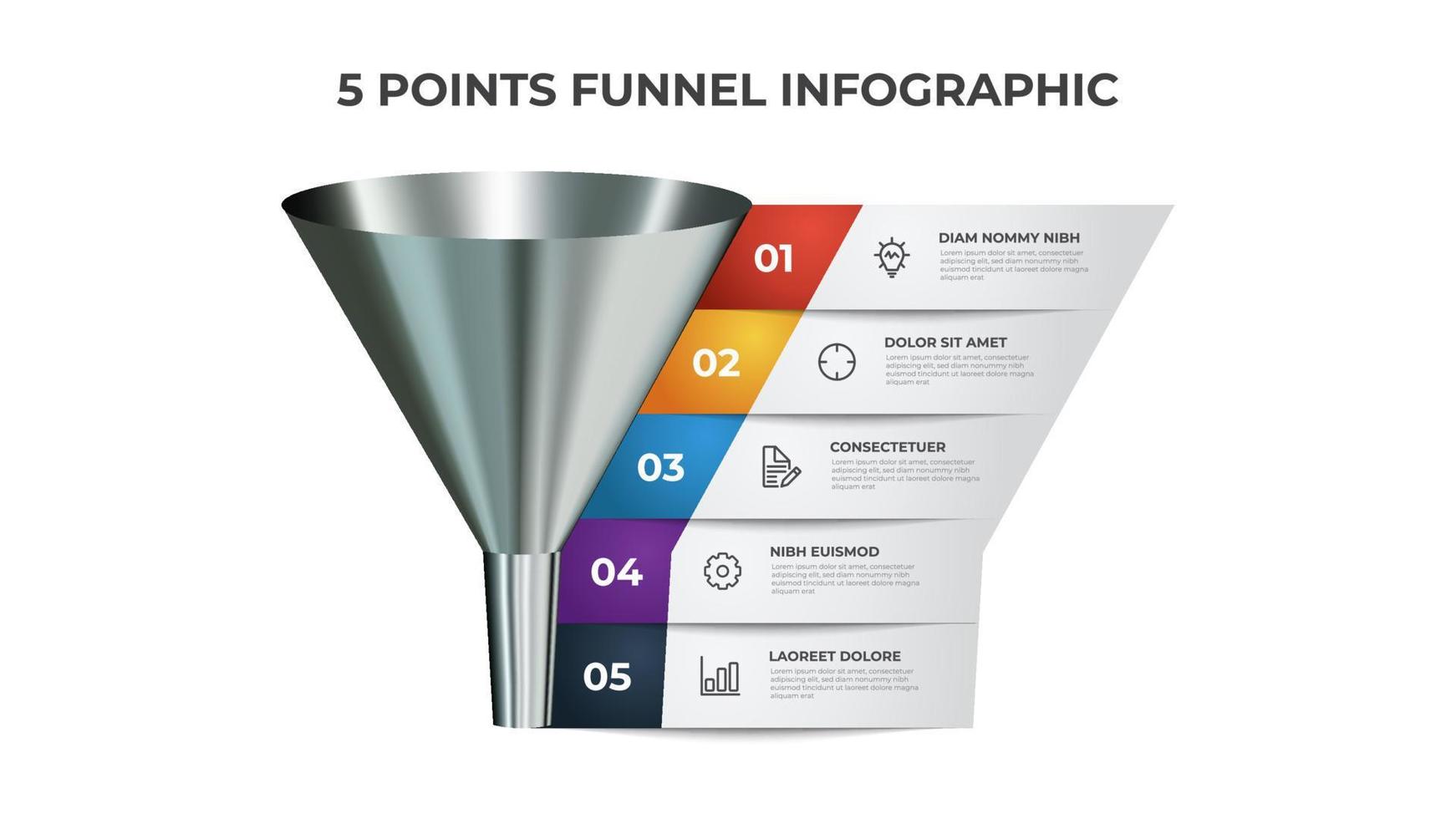 diagramme infographique en entonnoir, élément graphique avec 5 points, liste, options, peut être utilisé pour la présentation, le marketing numérique, les ventes, etc. vecteur