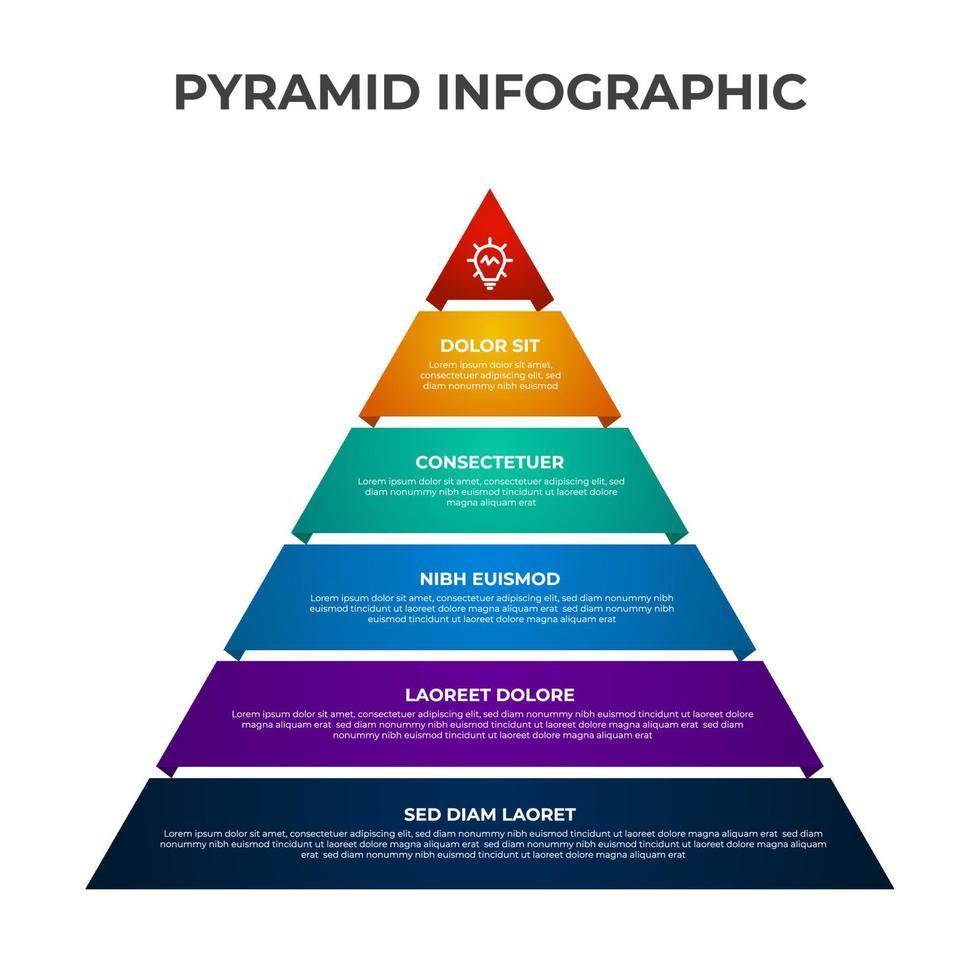 modèle d'élément infographique de liste pyramidale avec 5 points, balle, forme de triangle, diagramme en rangée avec niveau pour la présentation, etc. vecteur