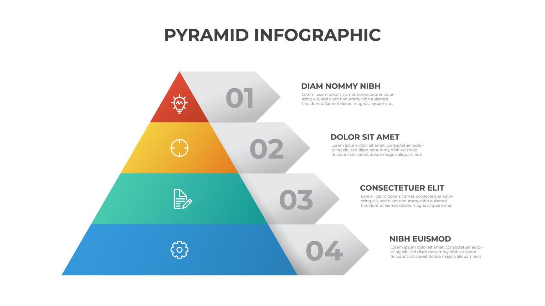 modèle d'infographie pyramidale avec 4 listes et icônes, vecteur de mise en page pour présentation, rapport, brochure, dépliant, etc.