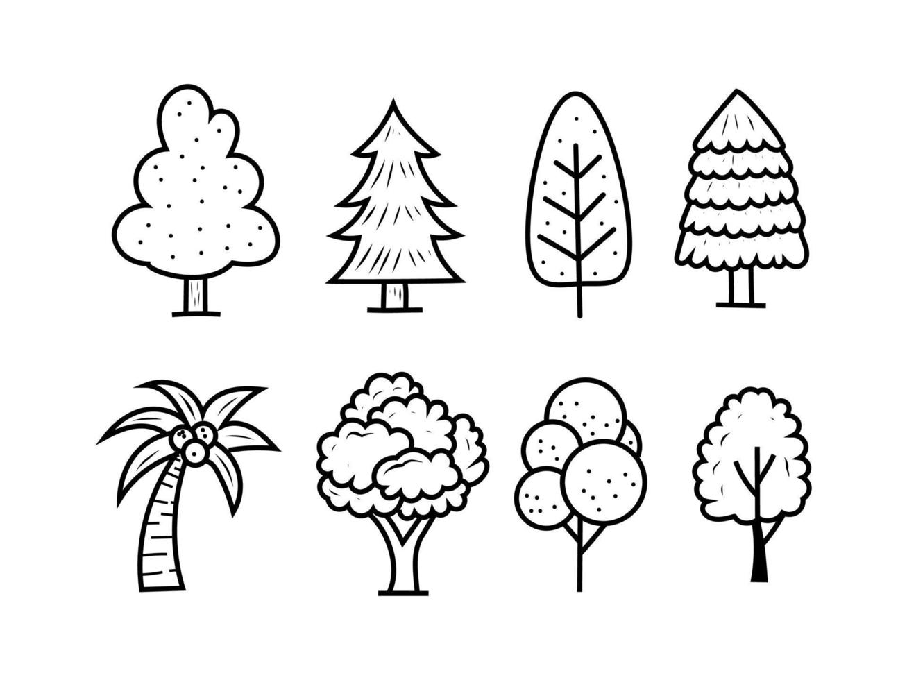 ensemble d'illustrations vectorielles d'arbres avec un style mignon dessiné à la main isolé sur fond blanc. illustration de griffonnage d'arbre vecteur