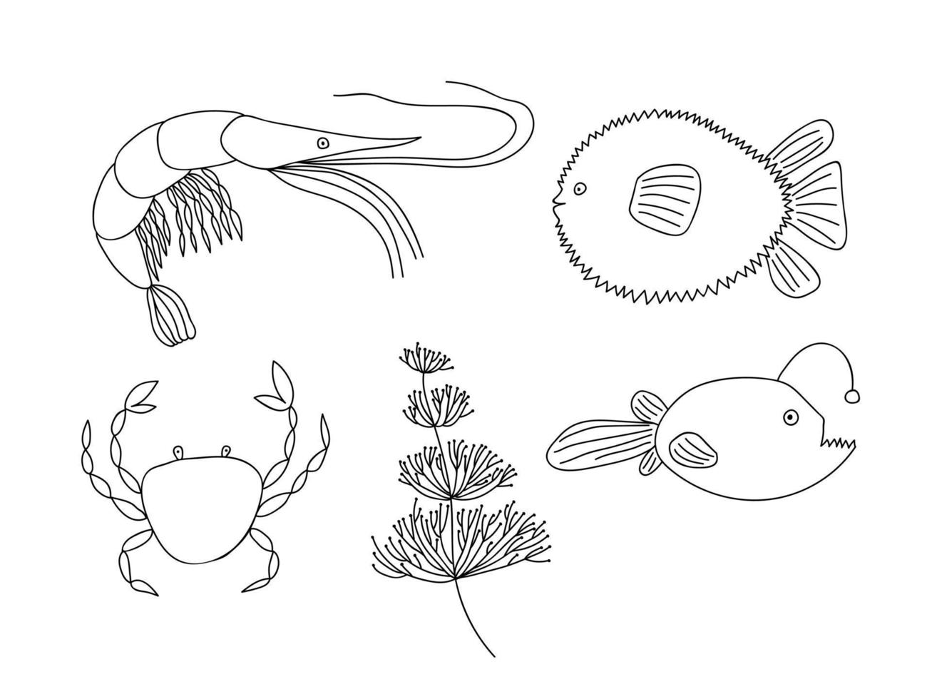 ensemble de doodle de poisson de mer vectoriel. illustration de la vie marine doodle dessinés à la main. différents types de poissons, crabes, crevettes, plantes marines. vecteur