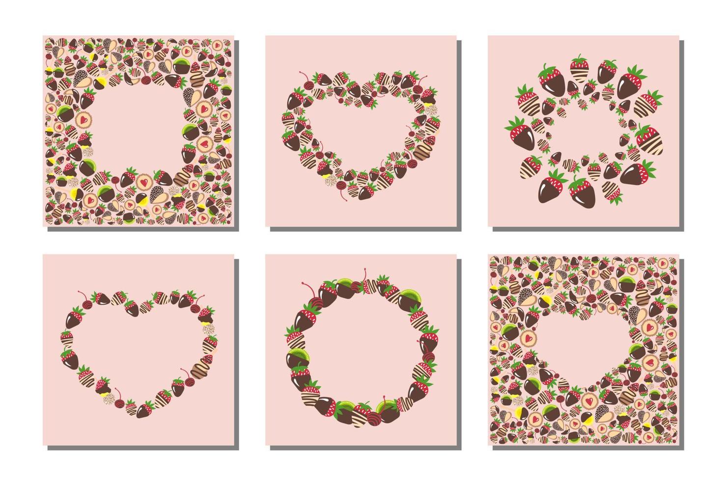 jolies cartes mignonnes pour l'anniversaire, la Saint-Valentin, le mariage, la confiserie. bonbons, bonbons, fruits, chocolat, baies, fraises, biscuits, biscuits au coeur. cadres romantiques pour le texte. vecteur