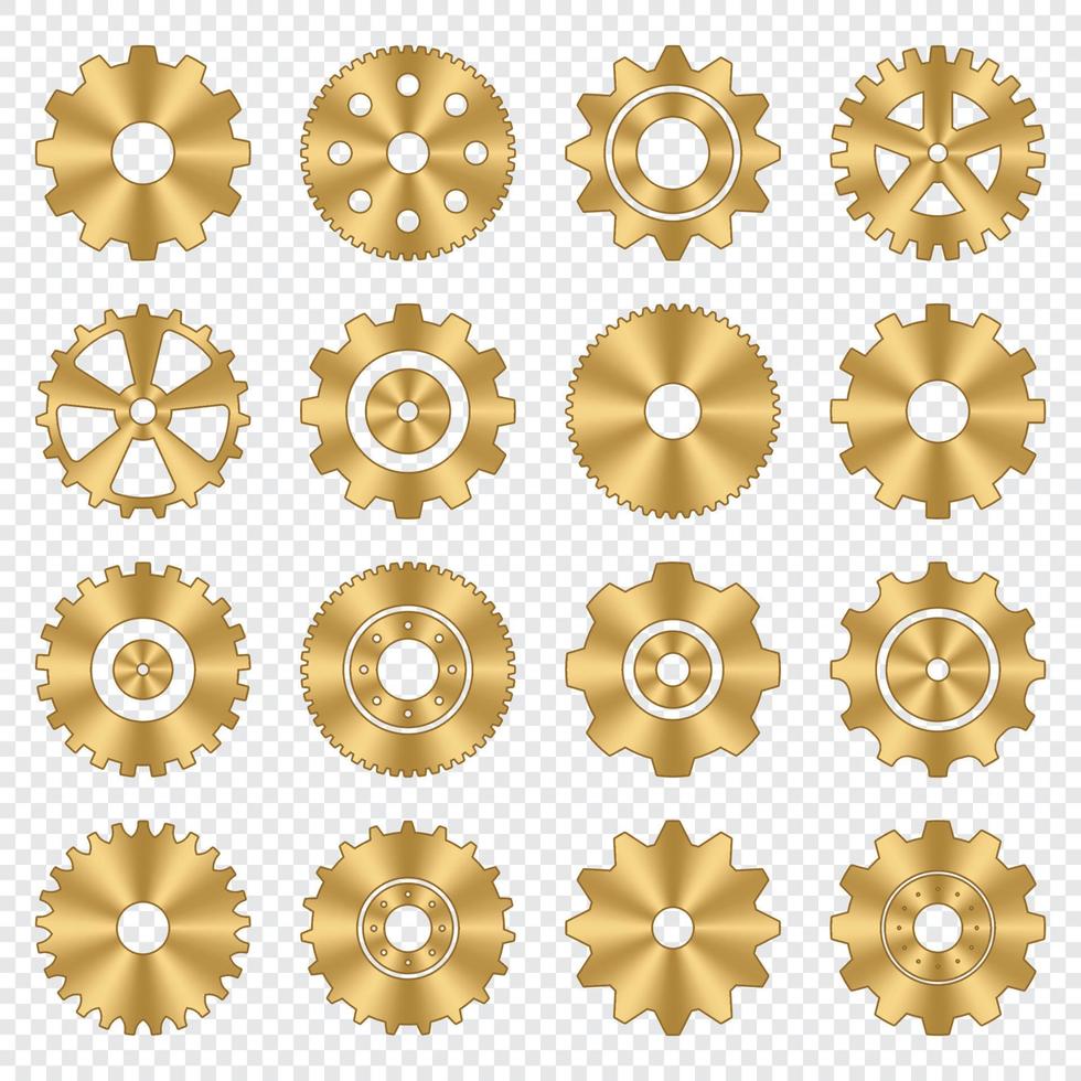 jeu de roues dentées. collection de roues dentées en métal doré. icônes industrielles. ensemble d'icônes vectorielles de réglage d'engrenage. illustration vectorielle vecteur