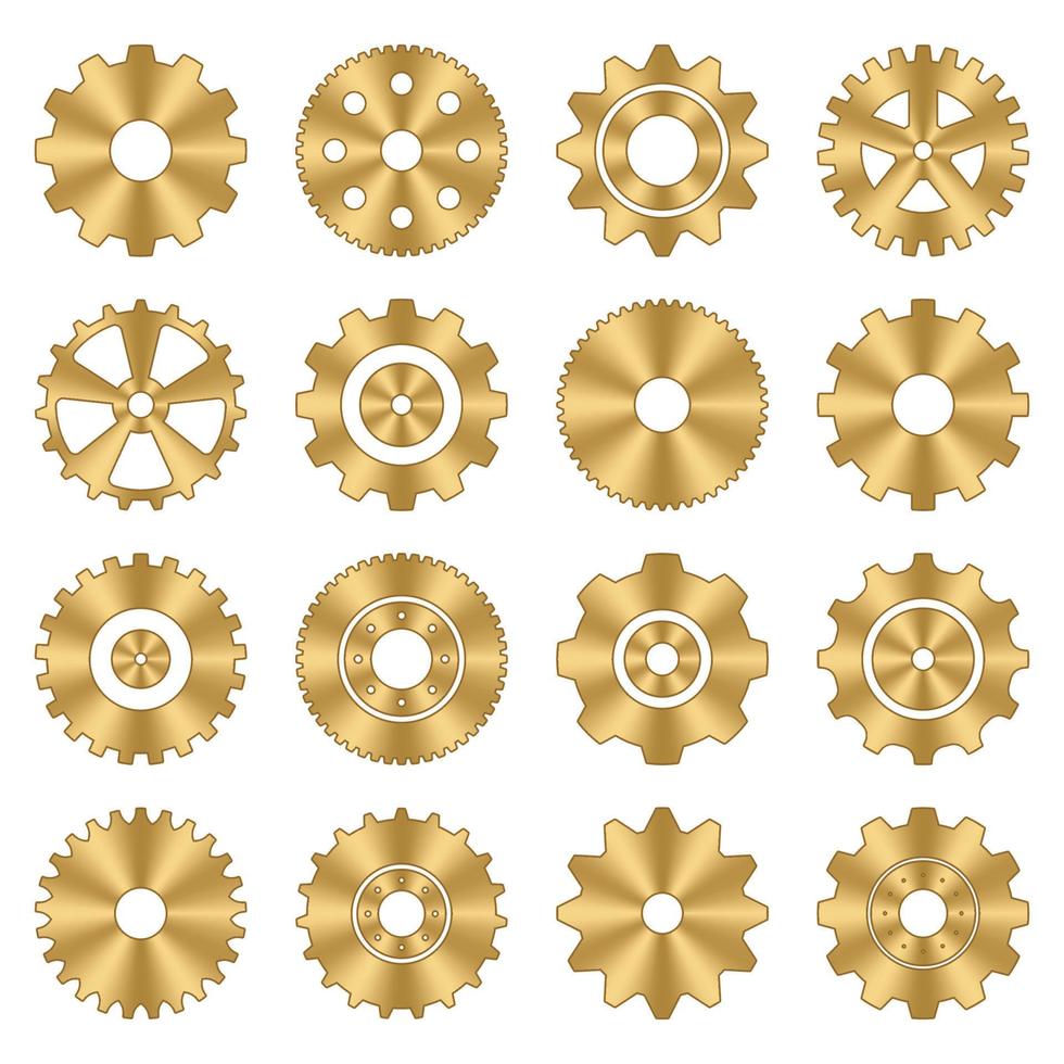 jeu de roues dentées. collection de roues dentées en métal doré. icônes industrielles. ensemble d'icônes vectorielles de réglage d'engrenage. illustration vectorielle vecteur