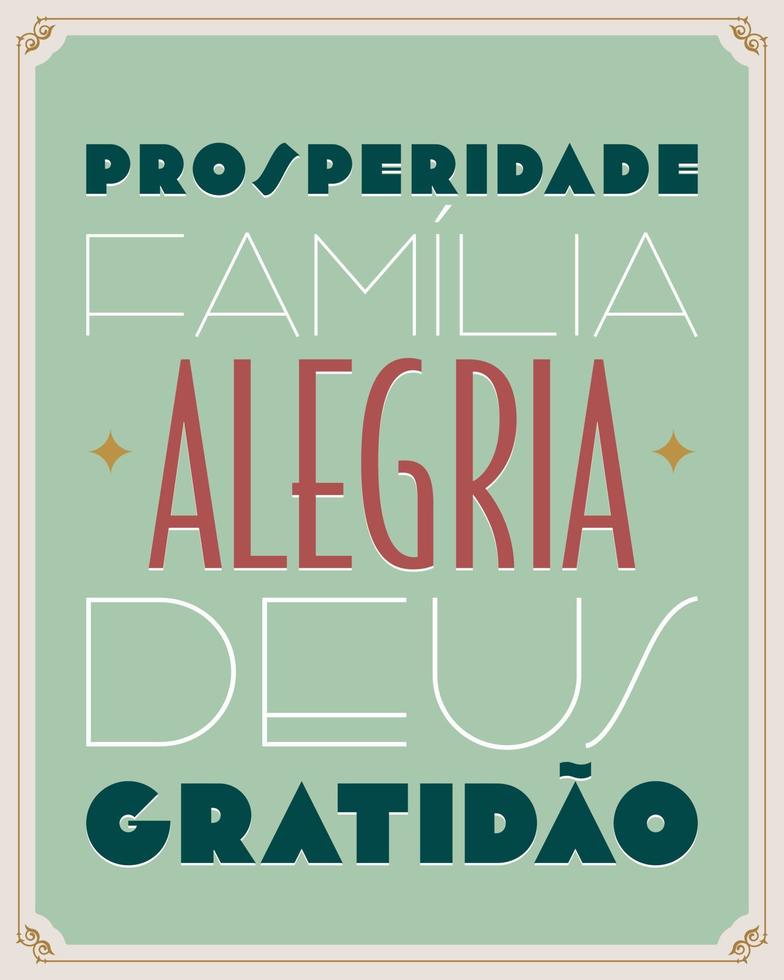 mots de motivation brésiliens portugais dans le style art e déco.translation - prospérité, famille, joie, dieu, gratitude. vecteur