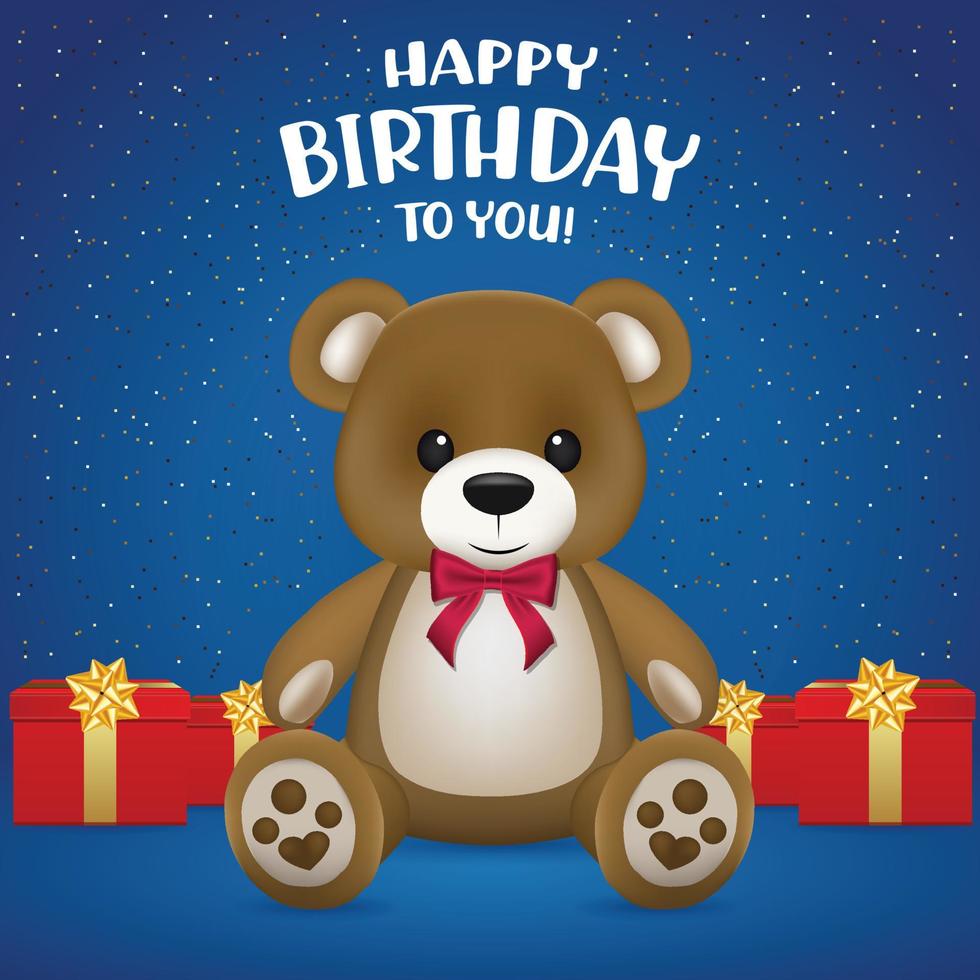 carte postale de joyeux anniversaire avec ours en peluche réaliste et illustration vectorielle de boîte-cadeau vecteur