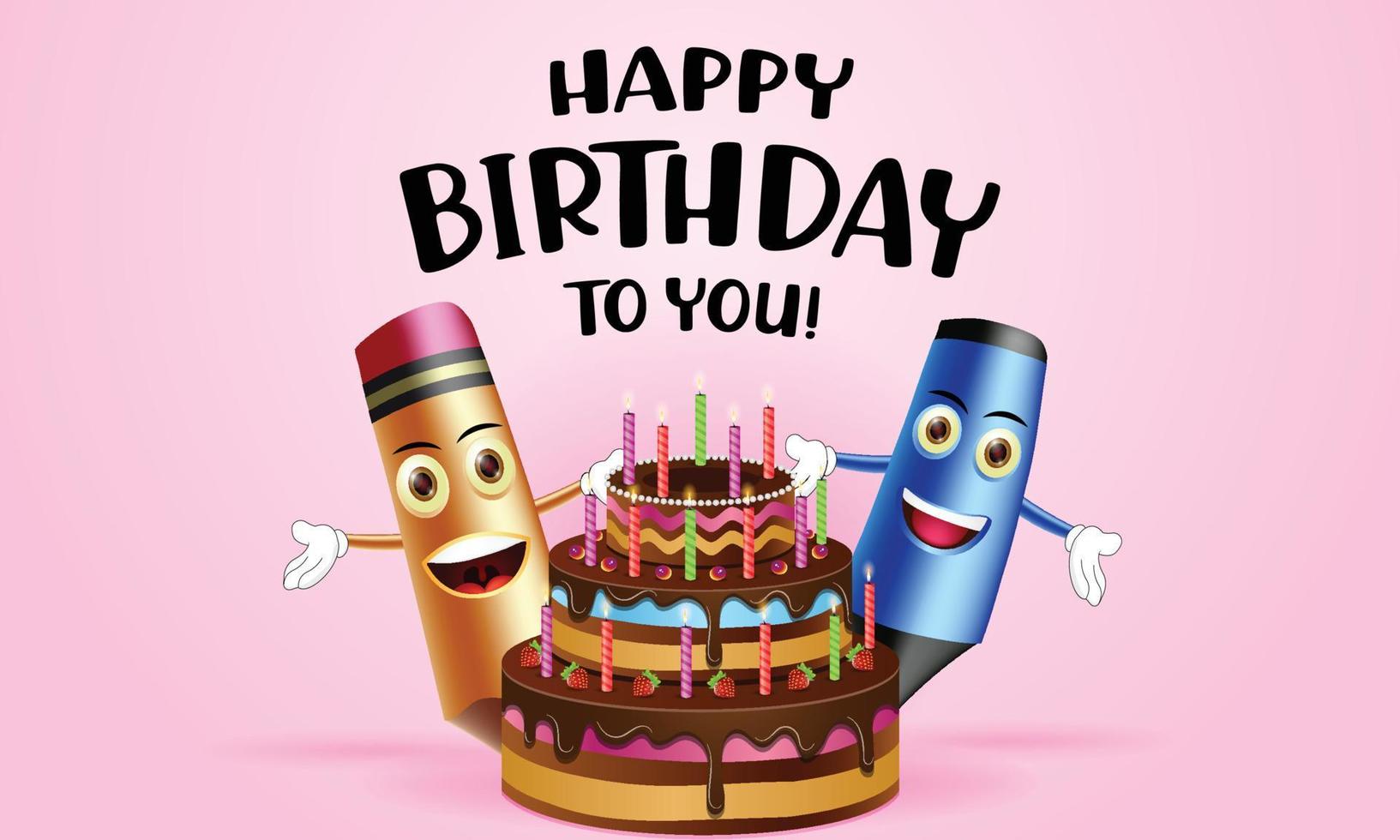 voeux de joyeux anniversaire avec un personnage de crayon mignon et un gâteau d'anniversaire vecteur