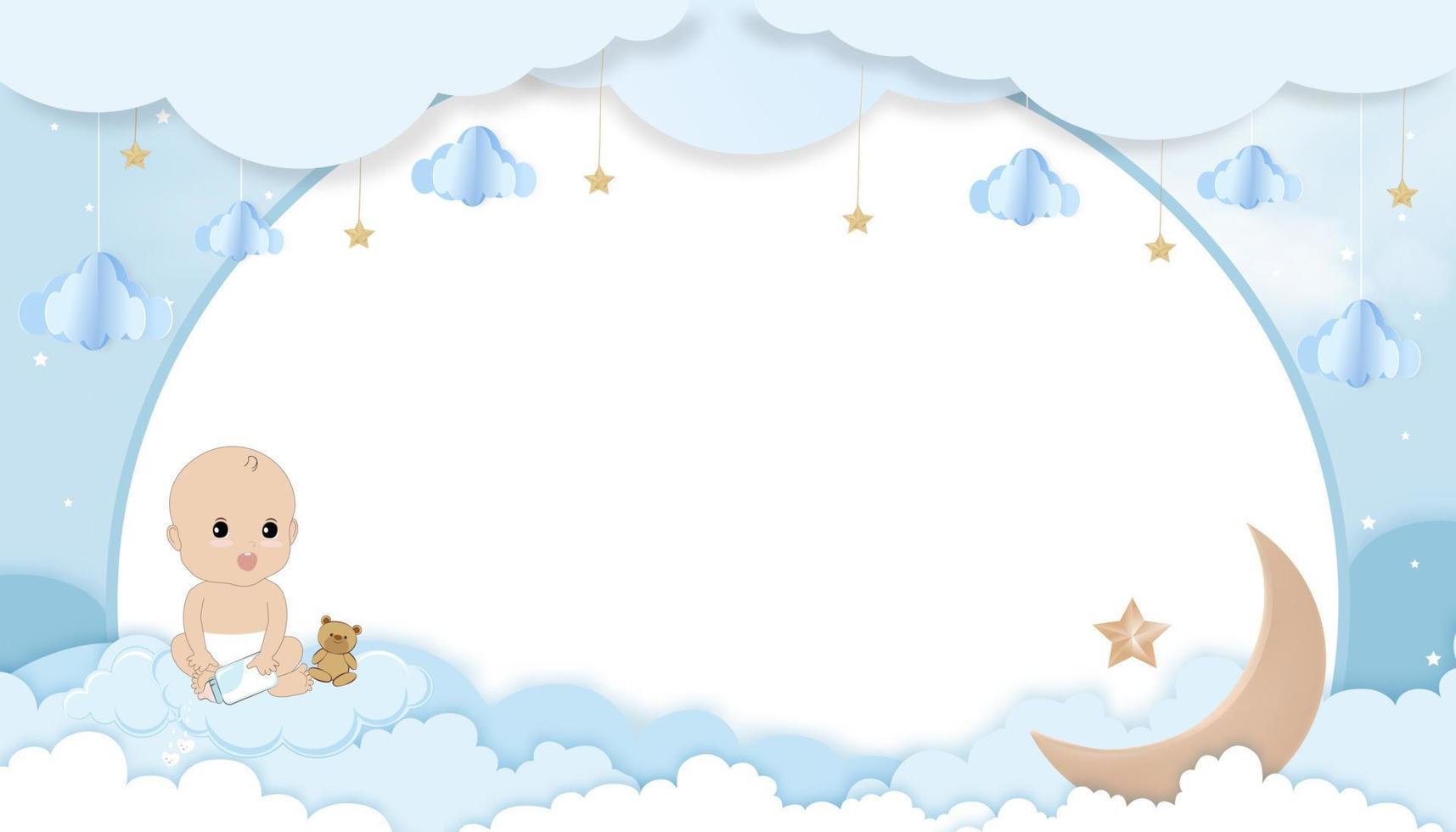 invitation de douche de bébé avec un jumeau mignon tenant une bouteille de lait assis avec un ours en peluche, cloudscape d'art en papier, croissant de lune, étoile sur fond bleu, carte vectorielle avec espace de copie pour la photo de bébé vecteur