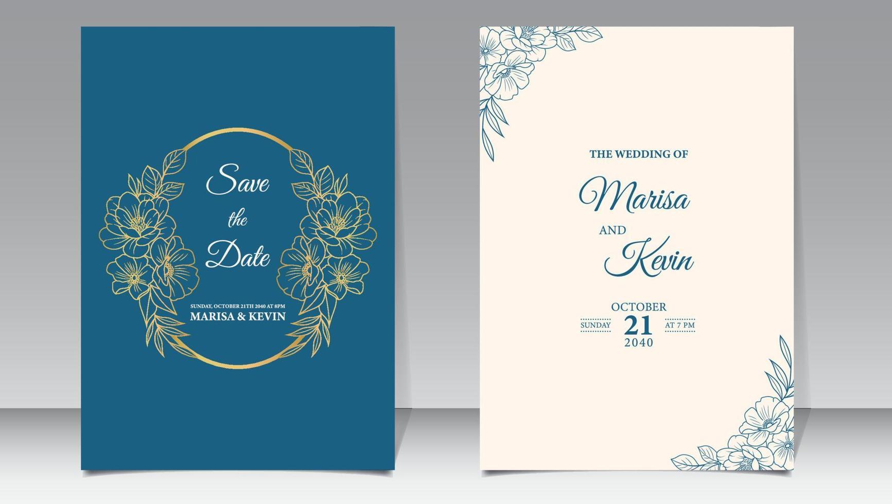 invitation de mariage de luxe avec vecteur premium floral minimaliste de style ligne dorée