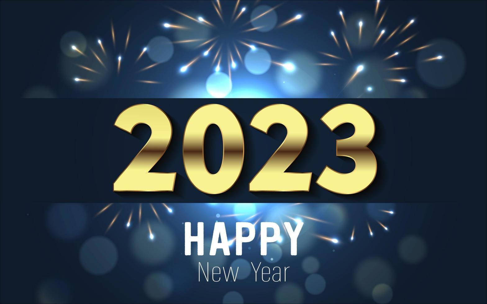 bonne année 2023. nombre et texte en métal doré avec bubber bokeh et feux d'artifice sur fond dégradé bleu. vecteur