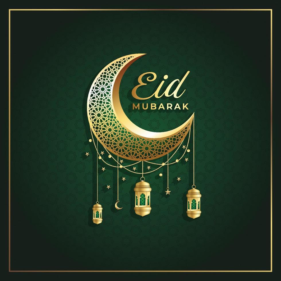 carte de voeux eid mubarak avec lanterne dorée et croissant de lune vecteur