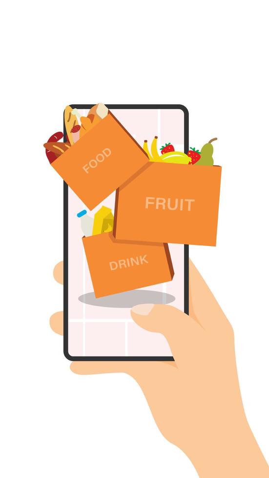 concept de produits d'achat en ligne via une application dans un smartphone. livraison rapide du sac d'épicerie du supermarché avec de la viande, du lait, du fromage, des œufs, des légumes, des fruits et du vert. illustration de vecteur de dessin animé.