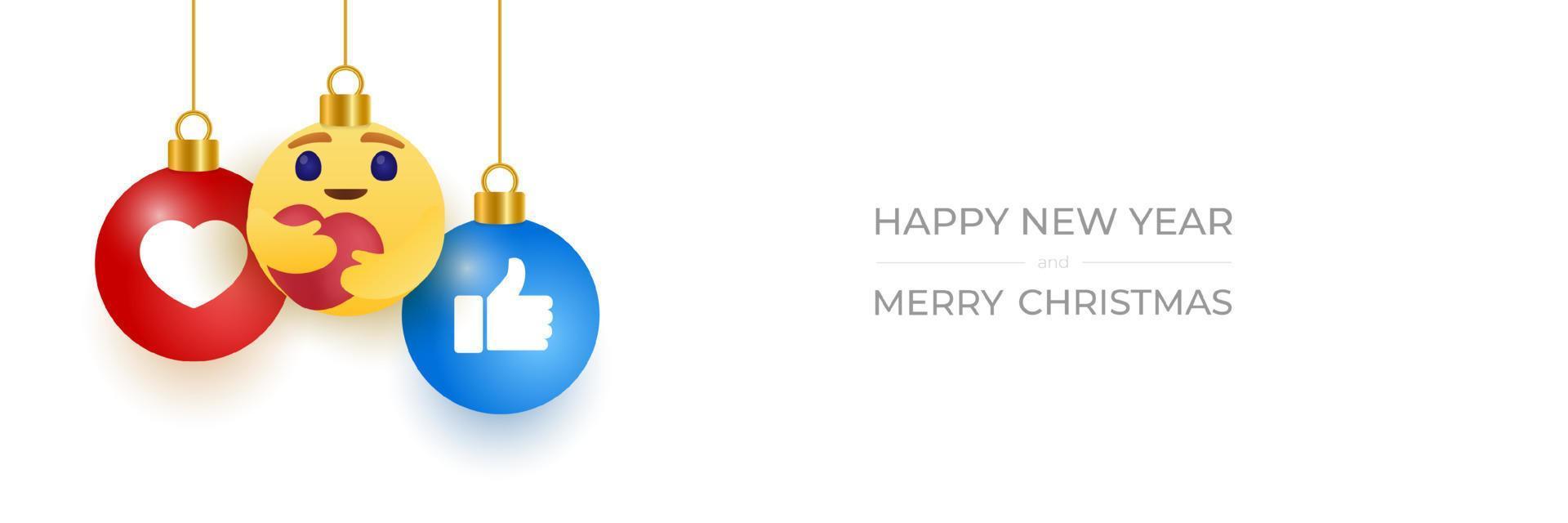 carte de voeux pour le nouvel an 2021 avec un visage emoji souriant qui se bloque sur un fil comme un jouet de Noël, une balle ou une boule. illustration vectorielle de nouvel an émotion concept. vecteur
