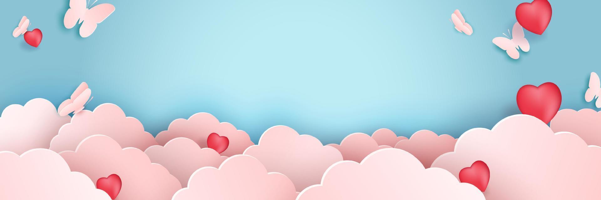 nuage d'art papier illustration avec des papillons sur le concept de la saint-valentin rose. papillon volant dans le ciel. papier de conception créative découpé et style artisanal origami nuageux et ciel pour vecteur de couleur pastel paysage