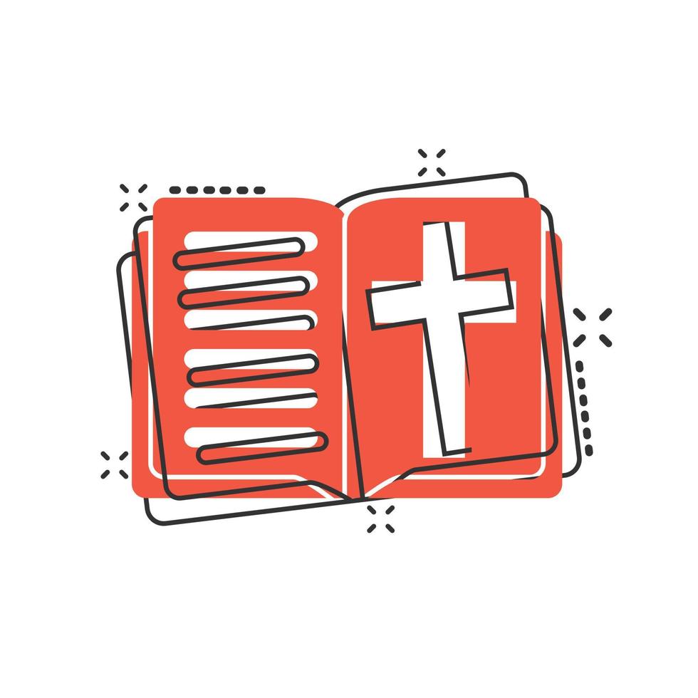 icône de livre biblique dans le style comique. illustration vectorielle de dessin animé de foi d'église sur fond blanc isolé. concept d'entreprise d'effet d'éclaboussure de spiritualité. vecteur