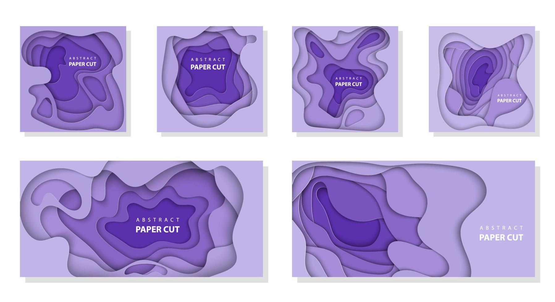 ensemble vectoriel de 6 arrière-plans avec des formes découpées en papier de couleur violet foncé. Style d'art papier abstrait 3d, mise en page de conception pour les présentations d'affaires, dépliants, affiches, impressions, décoration, cartes, couverture de brochure.