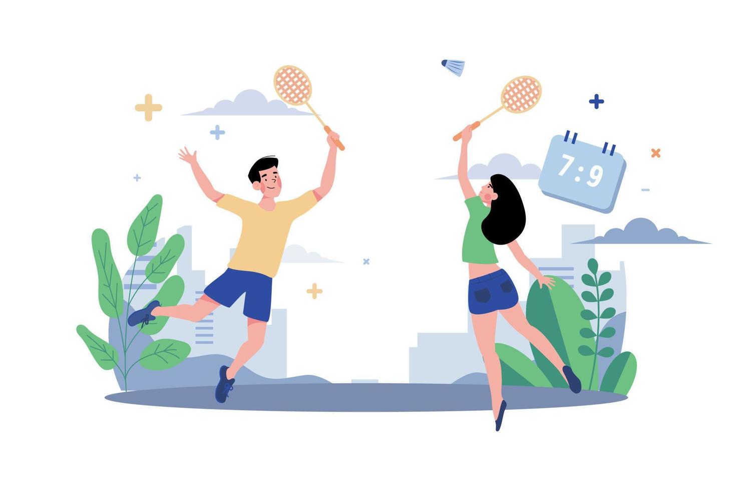 couple, jouer, badminton, illustration, concept, blanc, fond vecteur