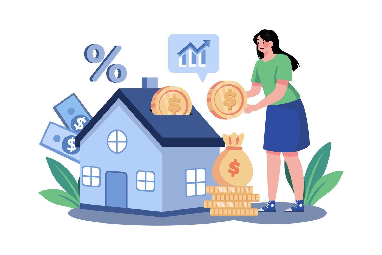 femme investissant des finances dans le concept d'illustration à la maison sur fond blanc vecteur