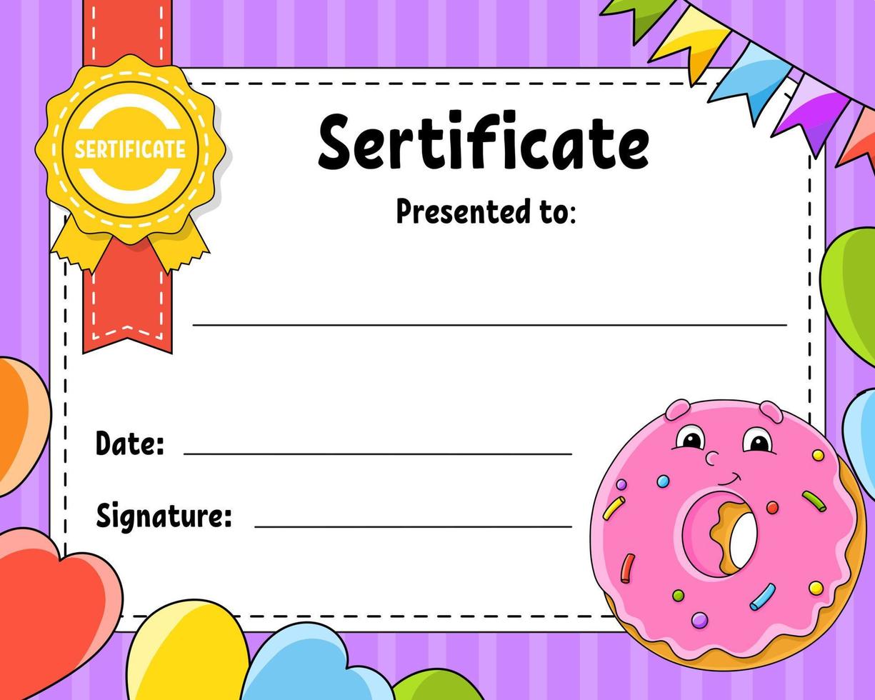 modèle de certificat pour les enfants. diplôme scolaire et préscolaire coloré. avec un personnage mignon. illustration vectorielle. vecteur
