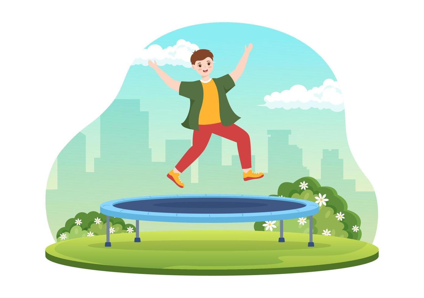illustration de trampoline avec des jeunes sautant sur un trampolines dans le modèle de fond d'activité de plein air d'été dessin animé plat dessiné à la main vecteur