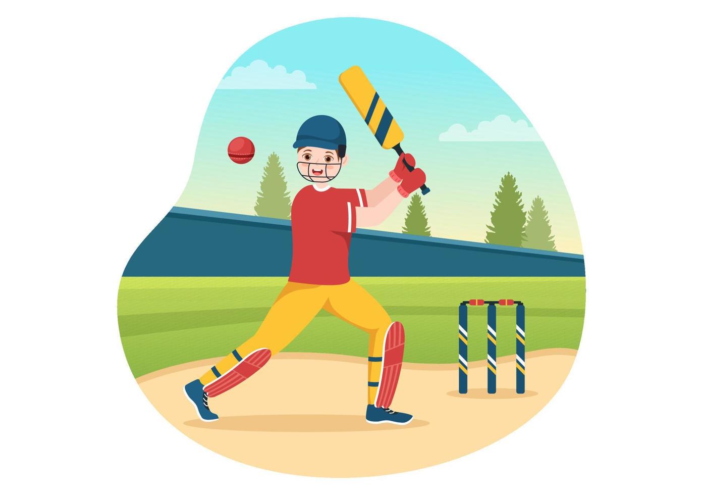 batteur jouant au cricket sport illustration avec batte et balles sur le terrain pour le championnat dans des modèles dessinés à la main de dessin animé plat vecteur