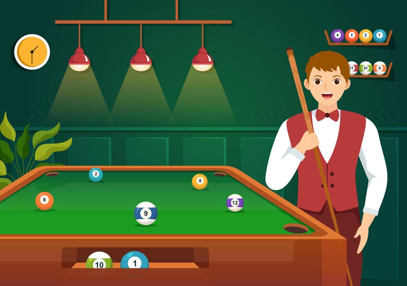 illustration de jeu de billard avec salle de billard joueur avec bâton, table et boules de billard dans un club de sport dans des modèles dessinés à la main de dessin animé plat vecteur