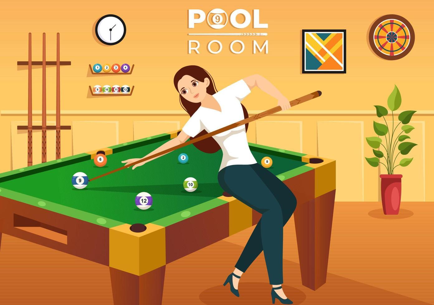 illustration de jeu de billard avec salle de billard joueur avec bâton, table et boules de billard dans un club de sport dans des modèles dessinés à la main de dessin animé plat vecteur