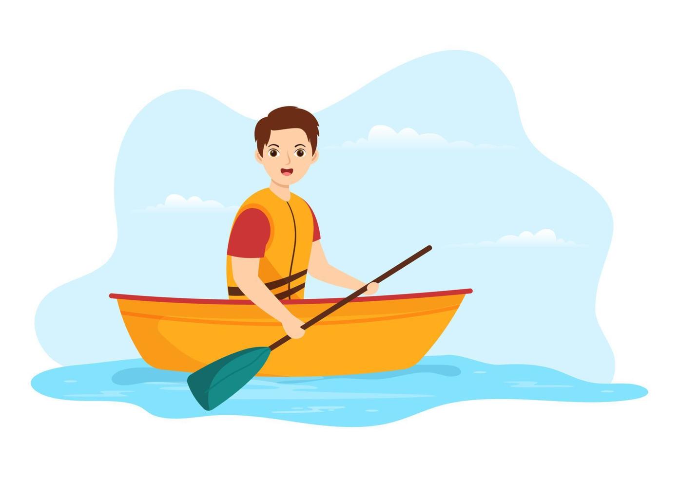 les personnes appréciant l'illustration de l'aviron avec le canoë et la voile sur la rivière ou le lac dans les sports nautiques actifs modèle dessiné à la main de dessin animé plat vecteur