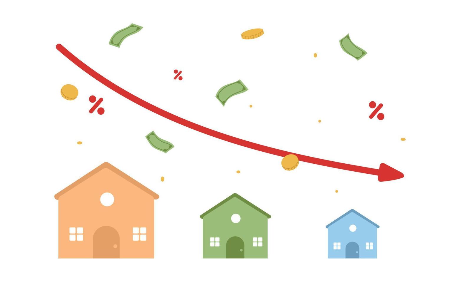 maison avec flèche graphique vers le bas. le marché du logement est en baisse. bas prix. illustration vectorielle plane vecteur