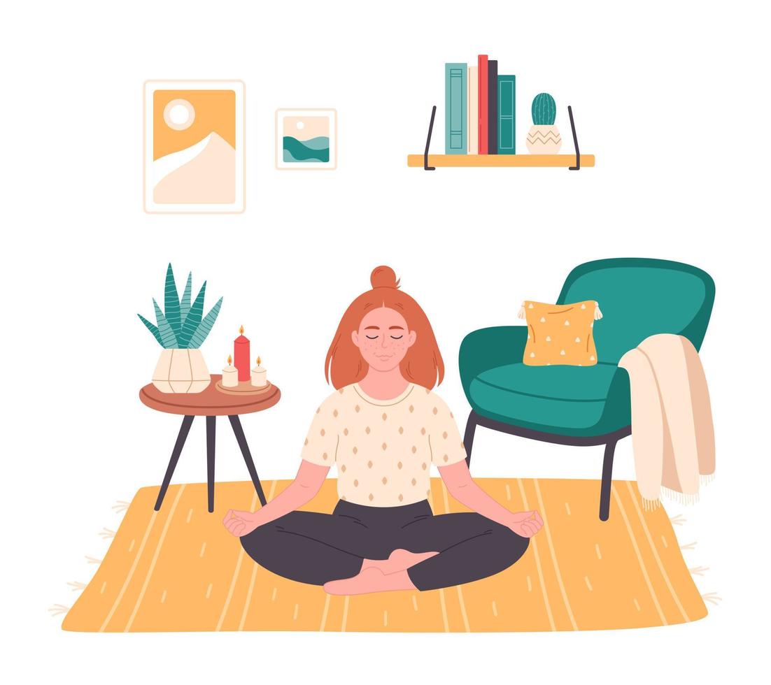 femme assise en posture de lotus et méditant à la maison. soins de santé mentale, relaxation, loisirs, pratique du yoga. vecteur