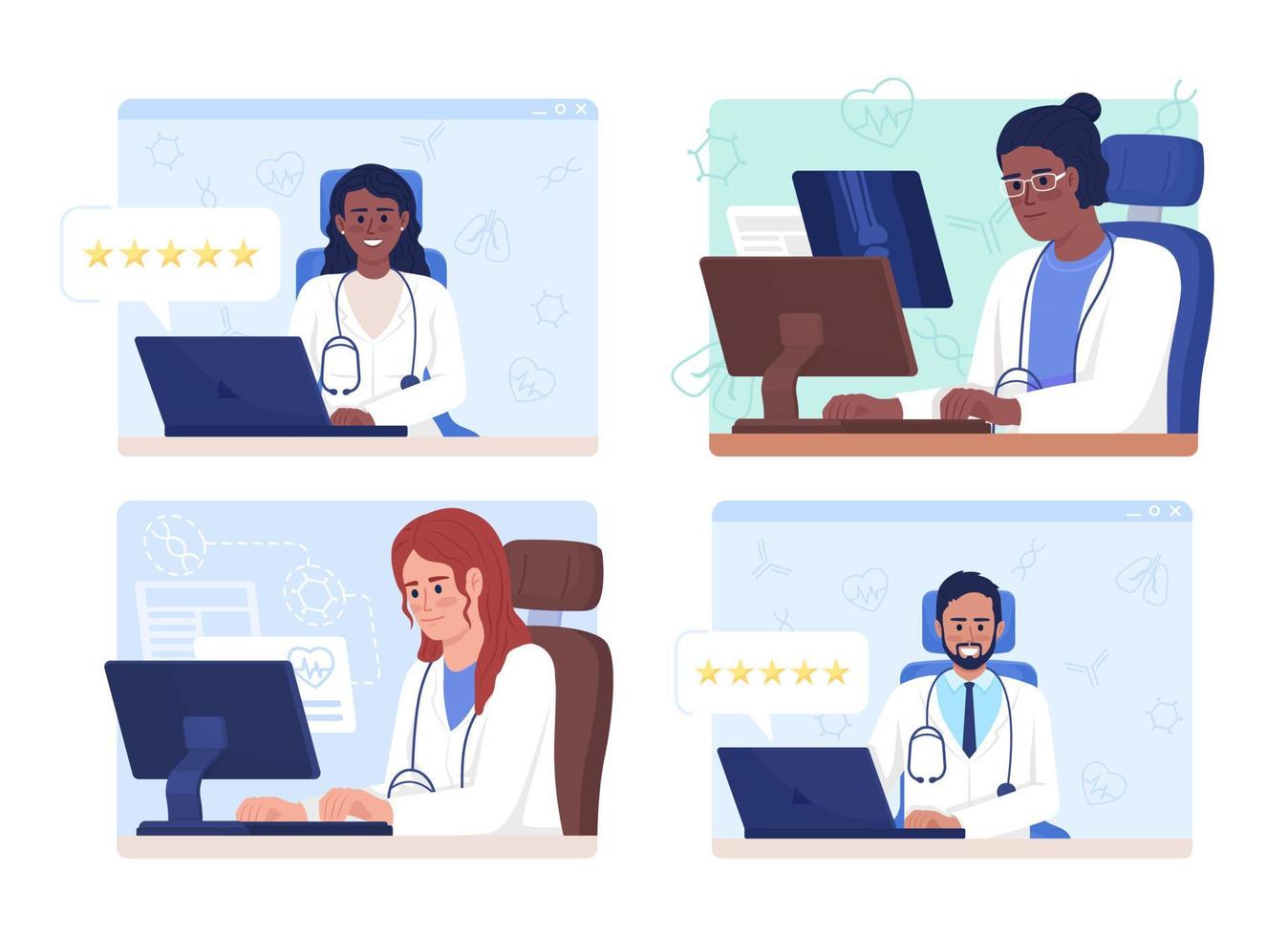 le médecin examine le jeu d'illustrations vectorielles de concept plat. iot en médecine. personnages de dessins animés 2d modifiables sur blanc pour la conception web. idée créative de consultation en ligne pour site web, mobile, présentation vecteur