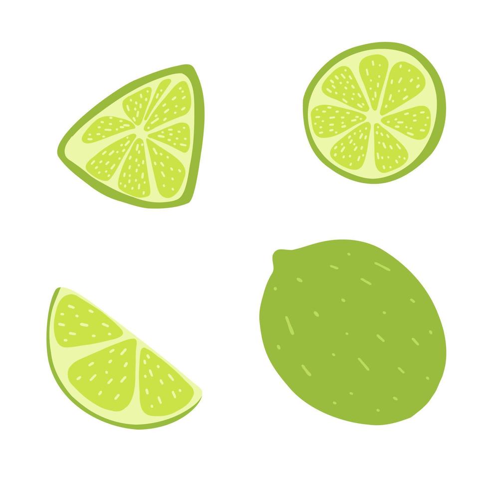 citron vert entier et tranché dans un style plat de dessin animé. illustration vectorielle dessinée à la main de citron vert, aliments sains frais, icône d'agrumes vecteur