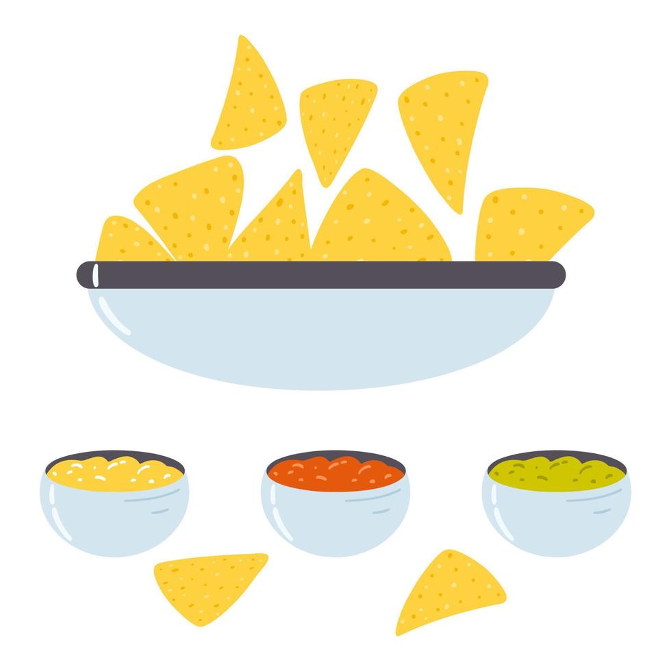 croustilles de tortilla dans un style plat de dessin animé. illustration vectorielle dessinée à la main de tortillas nachos, cuisine mexicaine vecteur