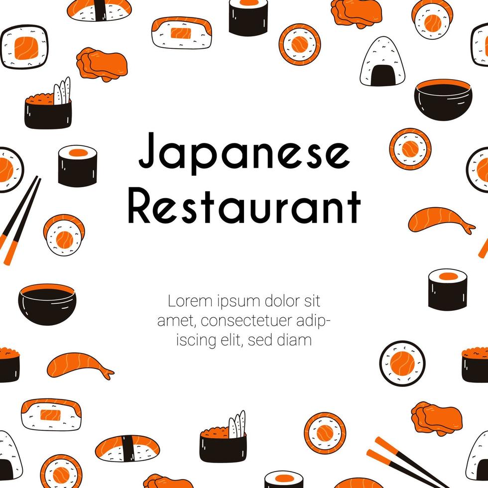 affiche de restaurant japonais avec sushi, sauce soja, gingembre, baguettes en style doodle. illustration dessinée à la main de la cuisine traditionnelle japonaise, modèle de site web vecteur