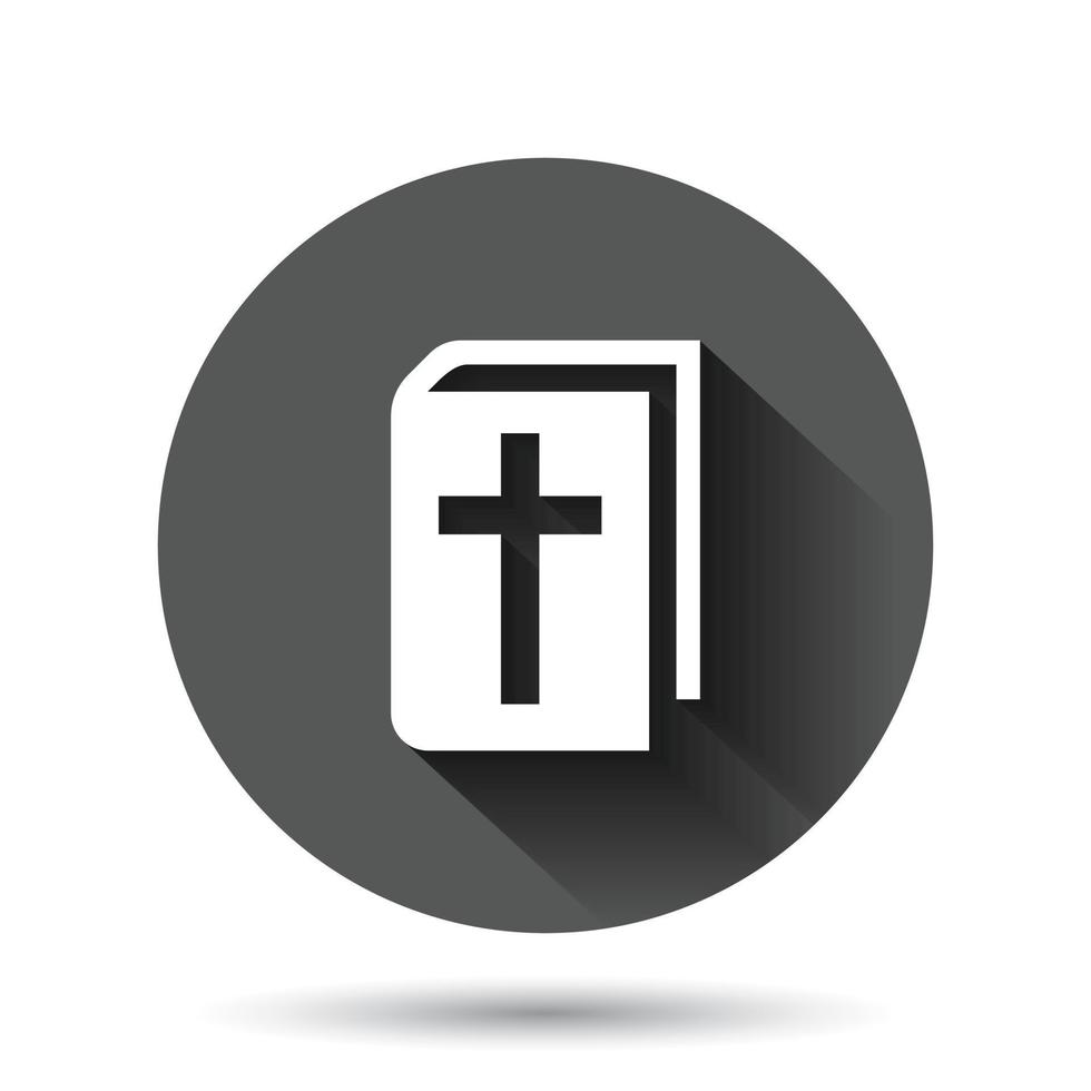 icône de livre biblique dans un style plat. illustration vectorielle de foi de l'église sur fond rond noir avec effet d'ombre portée. concept d'entreprise de bouton de cercle de spiritualité. vecteur