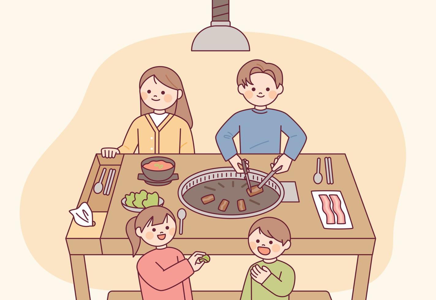 restaurant coréen samgyeopsal. une famille de quatre personnes est heureusement assise à table. vecteur