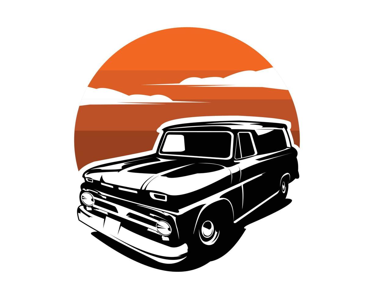 Panneau de camion de 1965 avec vue de face du coucher du soleil sur fond blanc. idéal pour le logo, le badge, l'emblème, l'icône, la conception d'autocollants et l'industrie du camionnage. illustration vectorielle disponible en eps 10. vecteur