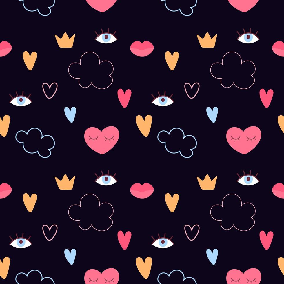 joli motif vectoriel de style doodle avec nuages, coeurs, couronnes, lèvres et yeux