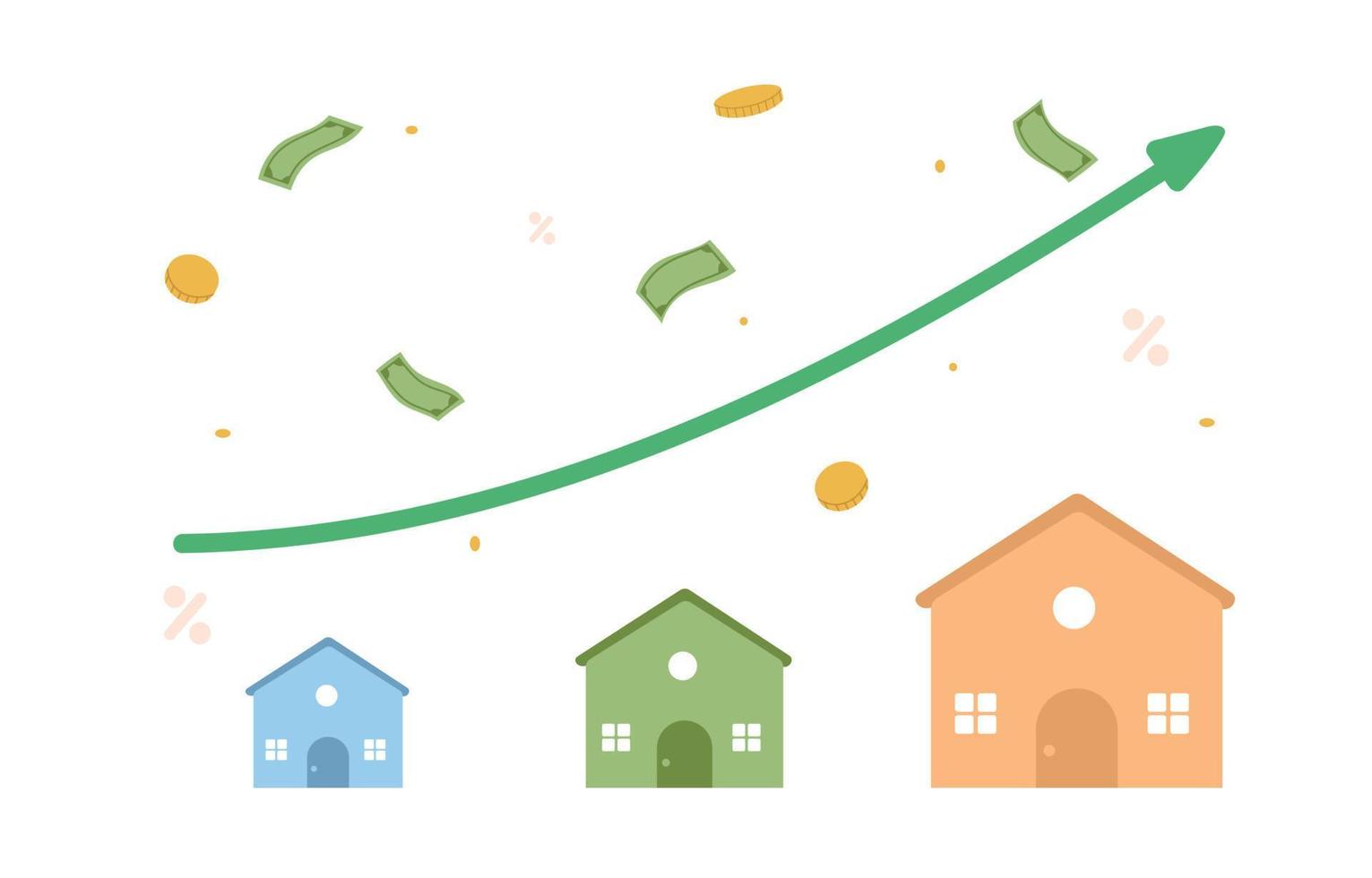 concept de recherche de propriété. prix de l'immobilier en hausse, investissement immobilier ou concept de croissance immobilière, maison avec flèche vers le haut. vecteur