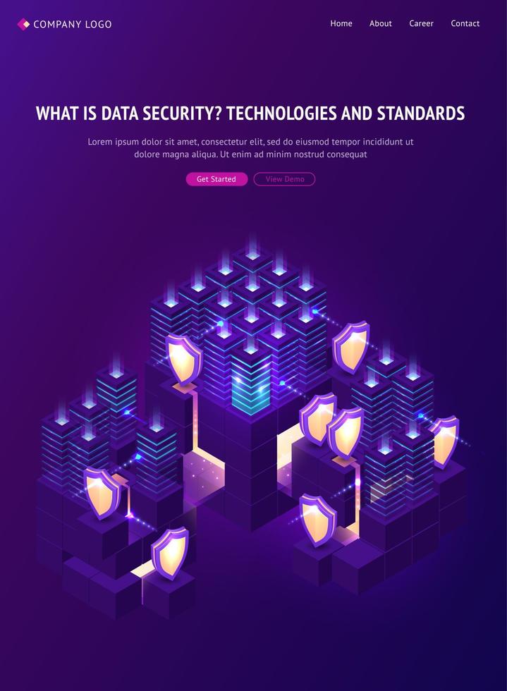 page de destination isométrique de la sécurité des données informatiques, bannière vecteur