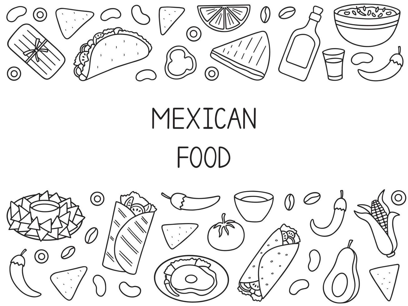 ensemble de griffonnages de cuisine mexicaine. cuisine mexicaine. burrito, tacos, nachos en style croquis. illustration de vecteur dessiné à la main isolé sur fond blanc