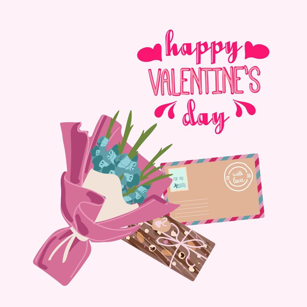 carte de voeux joyeuse saint valentin. bouquet fleur et chocolat et écriture, style plat. illustration vectorielle. vecteur