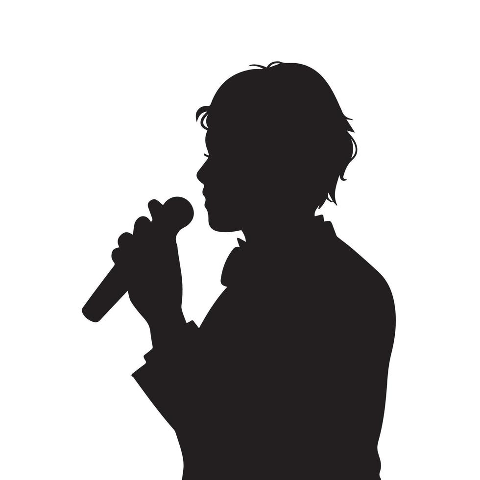 mc maître de cérémonie, annonceur ou personnage de chanteur avec un geste de pose de micro. silhouette d'illustration vectorielle noire isolée sur fond blanc. dessin humain simple tenant un microphone vecteur