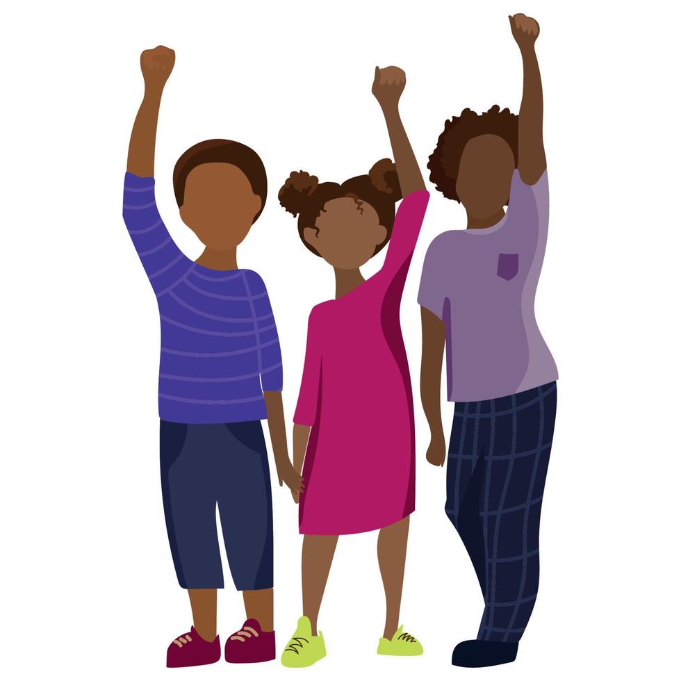 enfants ethniques afro-américains avec les poings levés vers le haut illustration vectorielle plate du concept du mois de l'histoire des Noirs.groupe d'activistes d'enfants à la peau noire deux petits garçons et une fille. vecteur